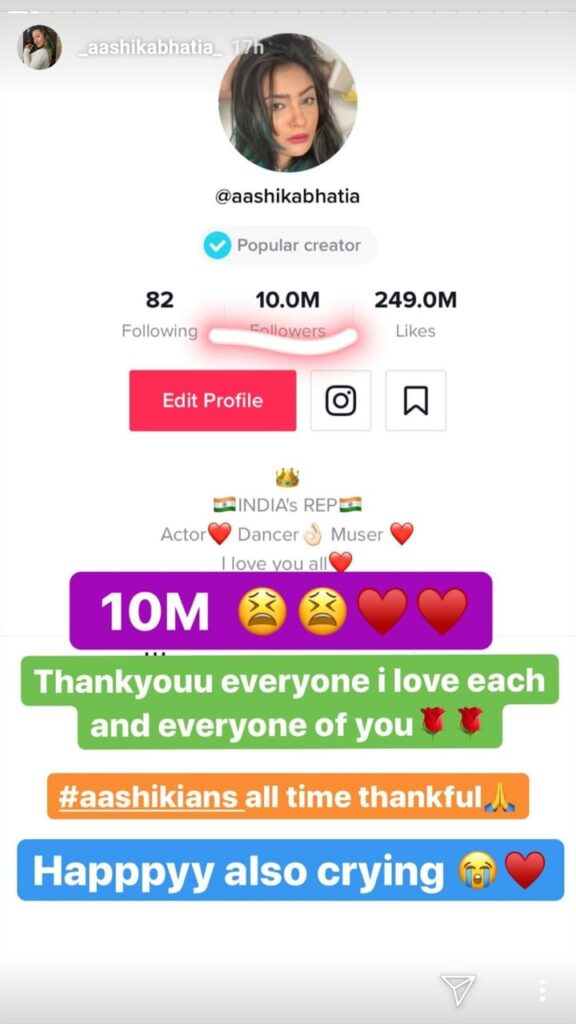Aashika Bhatia completes 10 million followers on TikTok
