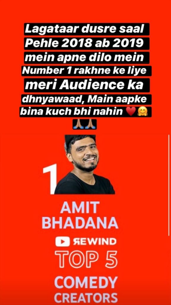 YouTuber Amit Bhadana becomes top comedy creator for 2 years in a row