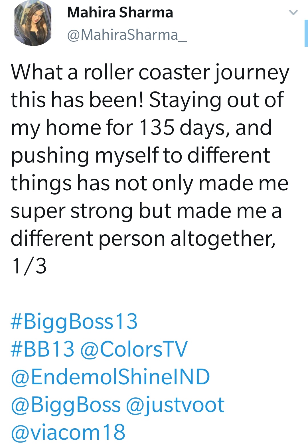 Bidding adieu to Bigg Boss 13 is emotional: Mahira Sharma