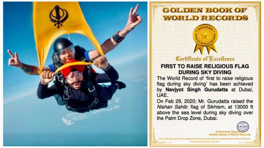 Navjyot Gurudatta - Rasised Nishan Sahib at 13000 feet above sea level during sky diving in dubai, is now certified World Record Holder