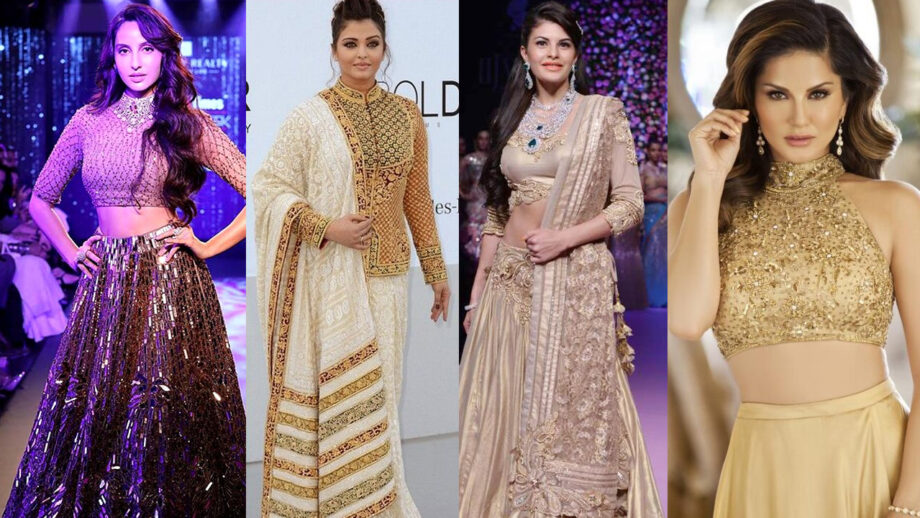 Check Out! How Nora Fatehi, Aishwarya Rai Bachchan, Jacqueline Fernandez, and Sunny Leone Styled Their Looks In Golden Lehenga 4