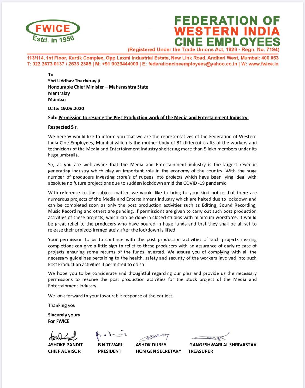 FWICE’s earnest appeal to Maharashtra Government: Read Full Letter Copy Here 1