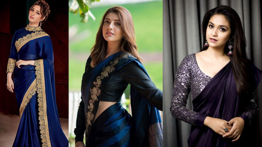 Tamannaah Bhatia, Kajal Aggarwal, and Keerthy Suresh know how to wear sarees with long blouses 6