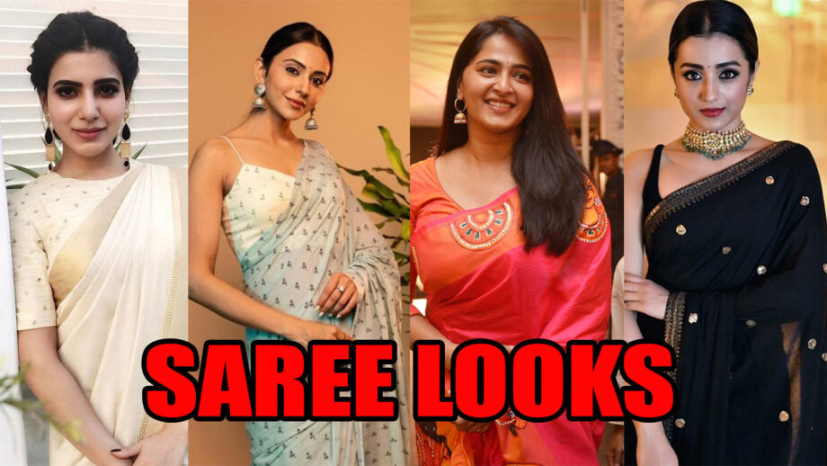 Sparkling Saree Looks To Steal From Samantha Akkineni, Rakul Preet Singh, Anushka Shetty, and Trisha Krishnan 4