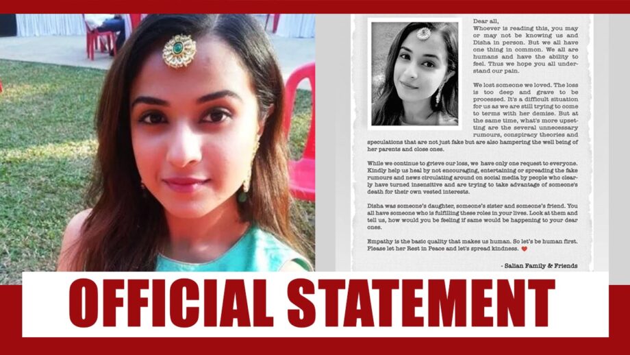 Sushant Singh Rajput's ex manager Disha Sailan's death case: Disha's family issues official statement