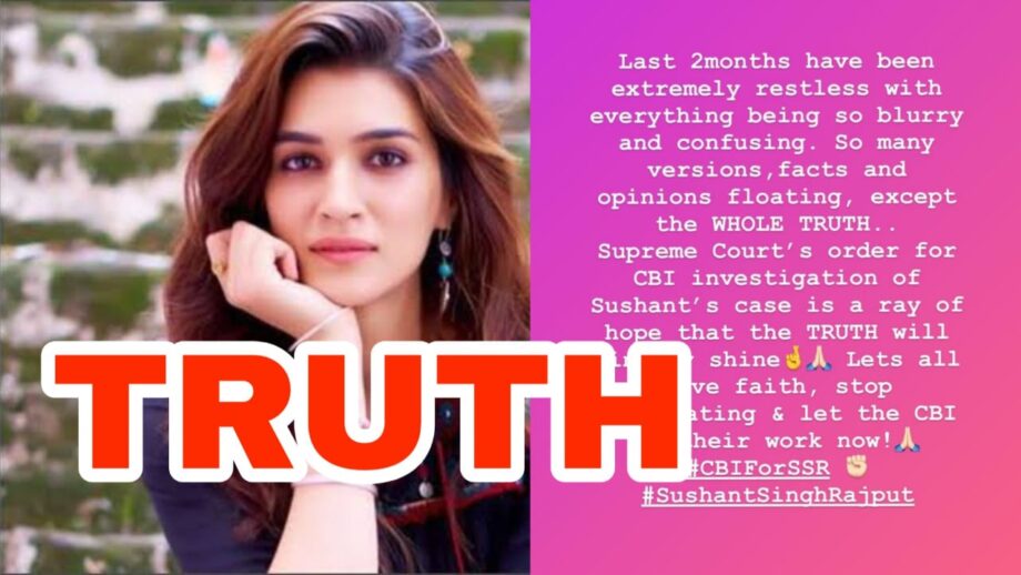 'Truth will finally shine' - Kriti Sanon's emotional note as she hails Supreme Court verdict on CBI for Sushant Singh Rajput 1