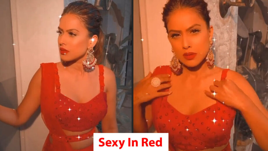 Watch Video: Naagin fame Nia Sharma shimmers in red dress wearing red lipstick