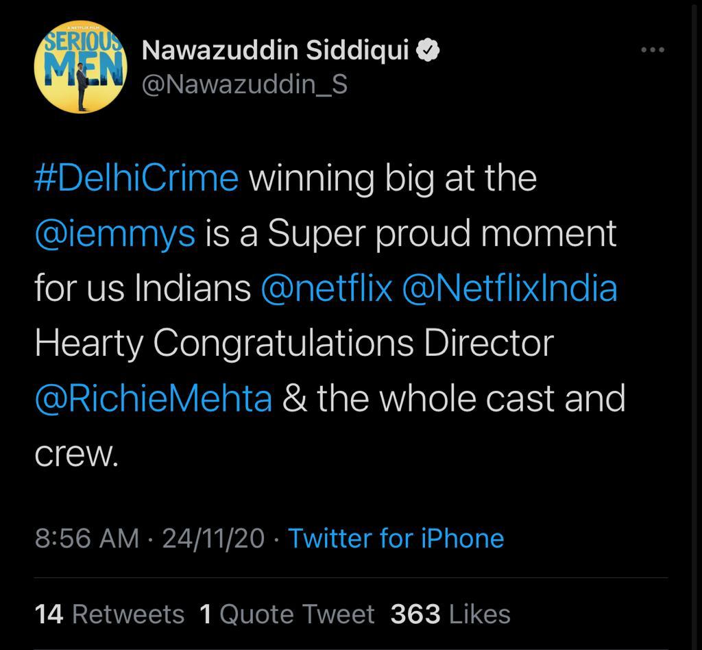 Nawazudduin Siddiqui gets nostalgic with ‘Delhi Crime’ bagging Emmy International Awards 2020