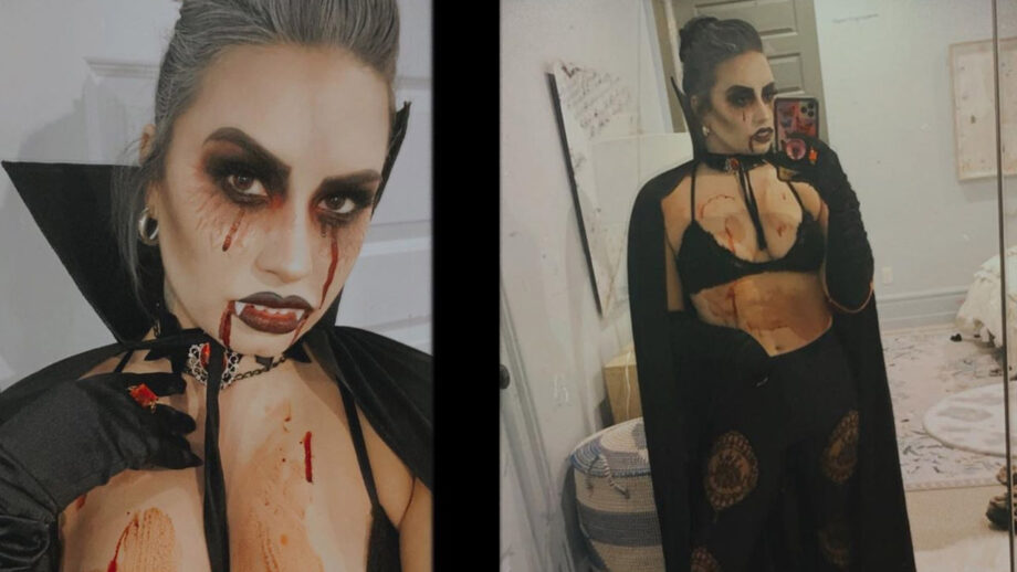 [Video]Demi Lovato goes black, hot and bloodied for Halloween in a revealing dress