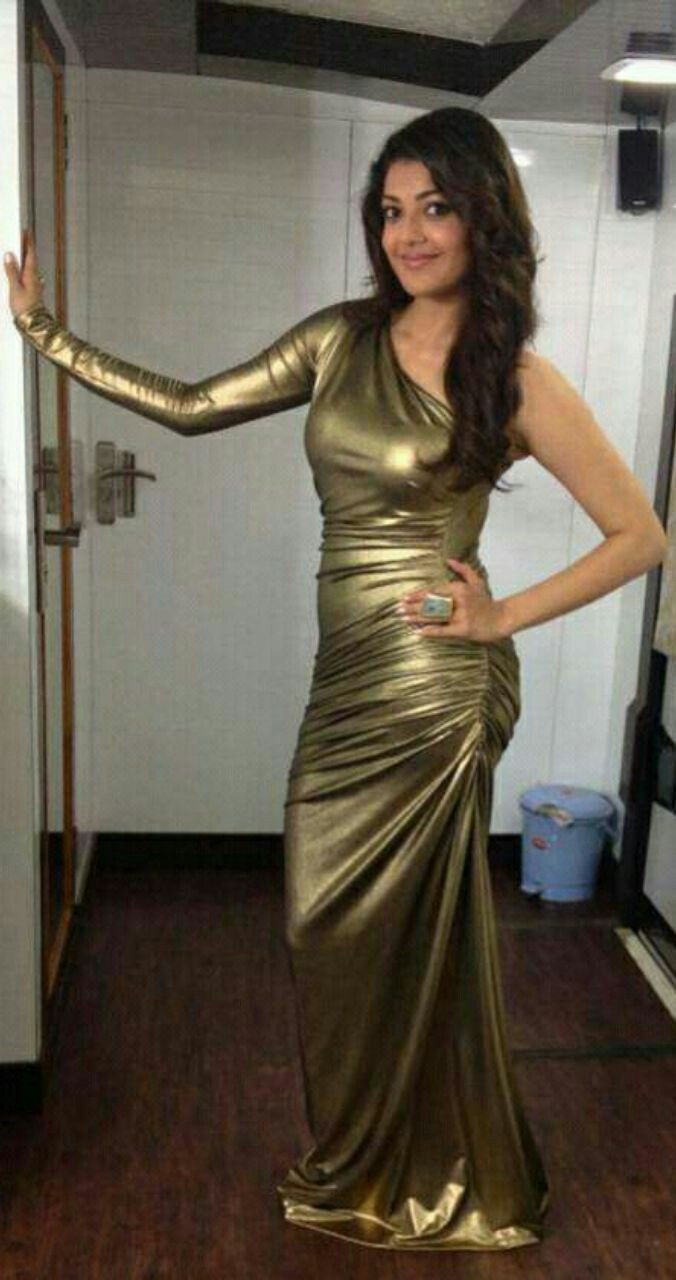 Kajal Aggarwal Looking Absolutely Flawless In Golden Satin Gown