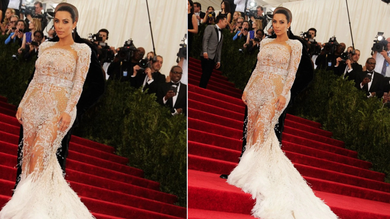 Kim Kardashian's Sheer White Feathered Gown Or Beyonce's Black & Blue Feathered Gown: Which Diva Donned The Best Red Carpet Look? 1
