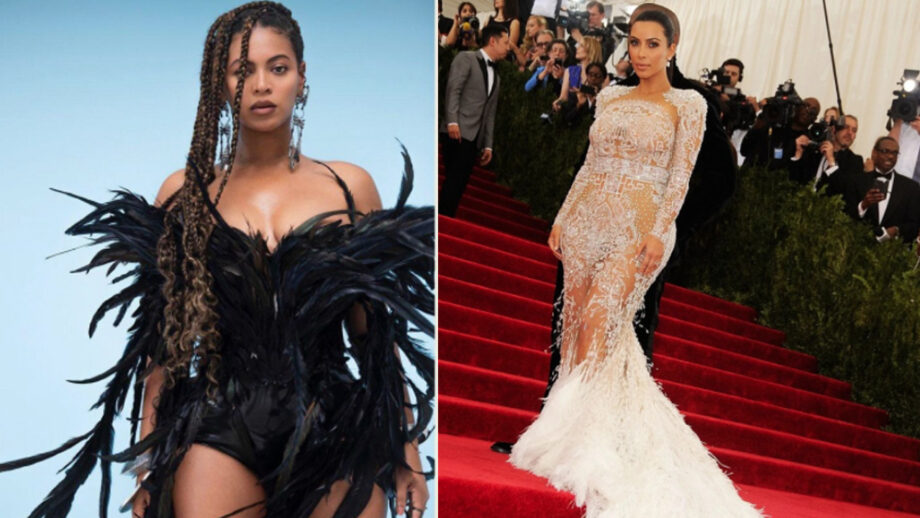 Kim Kardashian's Sheer White Feathered Gown Or Beyonce's Black & Blue Feathered Gown: Which Diva Donned The Best Red Carpet Look? 2