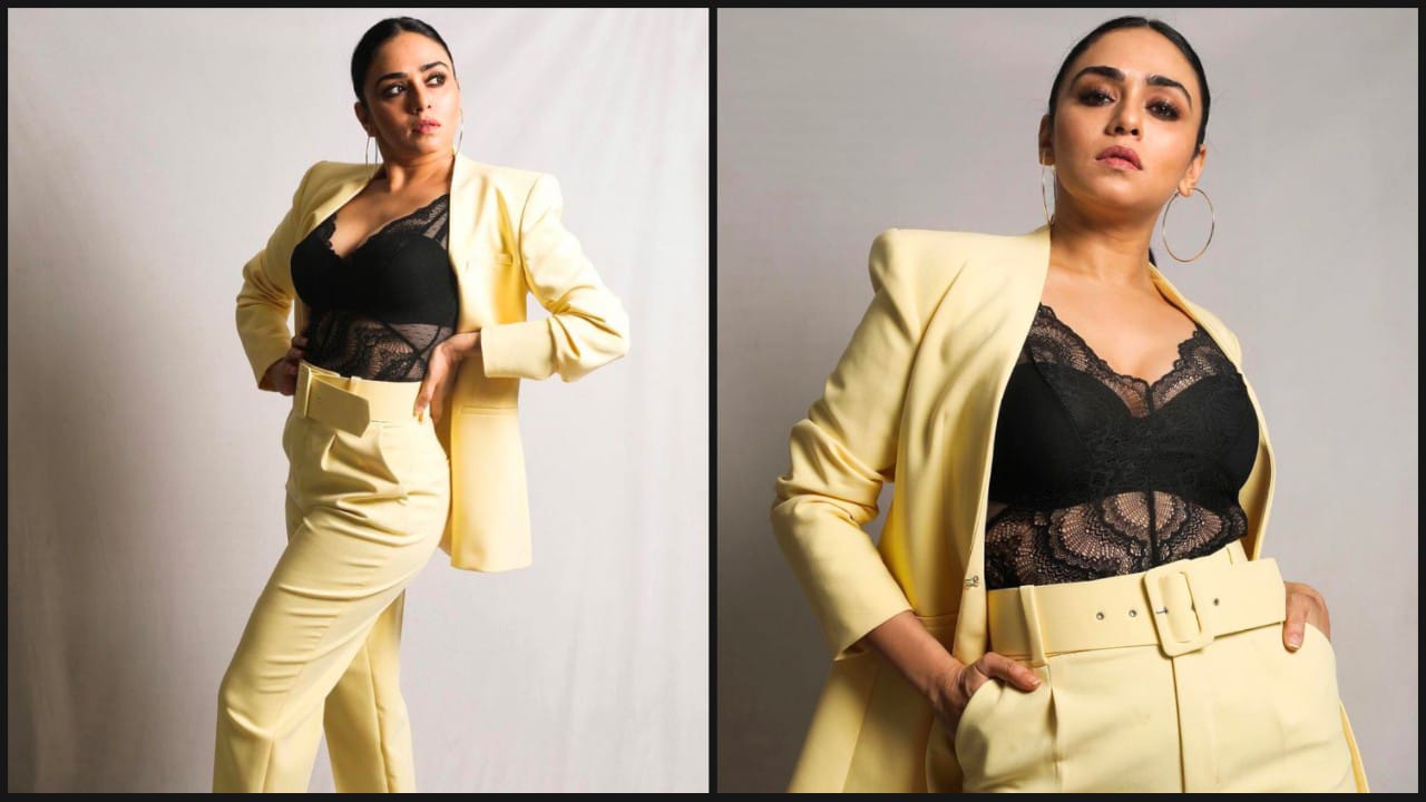 Amruta Khanvilkar Poses In Faded Yellow Pant Suit With Black Lace Bralette,  Fans Can't Stop Melting