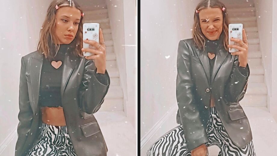 Millie Bobby Brown Hot Looks In Black And White Pants With Crop Top And Black Leather Jacket: See Picture 335102