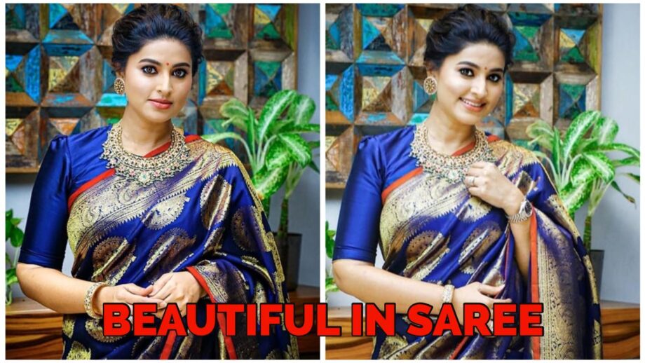 Sneha Prasanna Looks Delightful In Blue Saree With Red Border, See Pictures