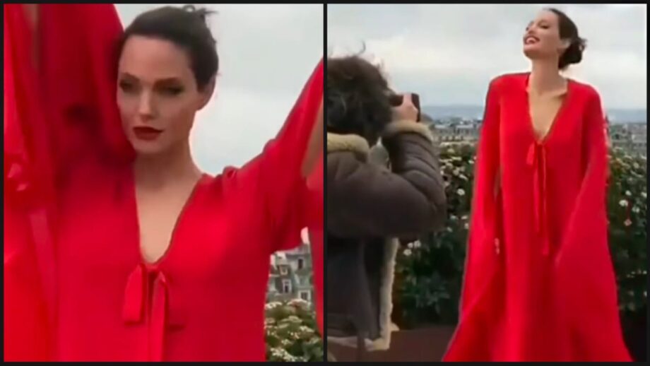 Angelina Jolie Oozes Hotness In Her Blush Red Cape Sleeves Outfit 385277