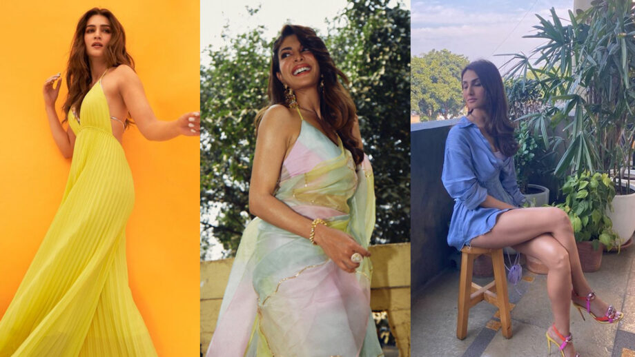 Fashion Divas: Kriti Sanon turns muse in sunshine yellow gown, Jacqueline Fernandes decks up in bright organza saree, Vaani Kapoor looks resplendent in blue shirt dress