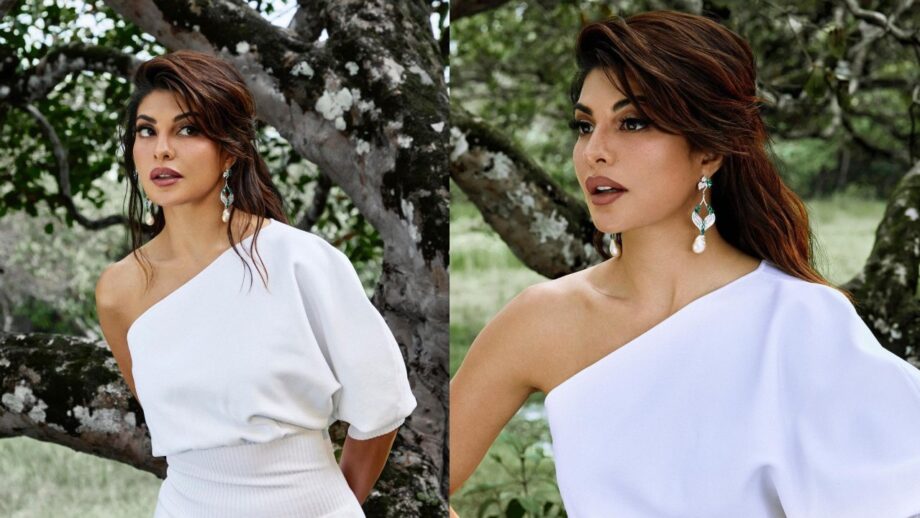 Jacqueline Fernandes Flaunts Her Beautiful Jewelry In White One-Shoulder Dress