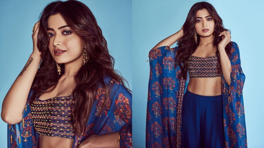 Sassy Actress Rashmika Mandanna Slays The Blue Ethnic Outfit With Floral Shrug | IWMBuzz