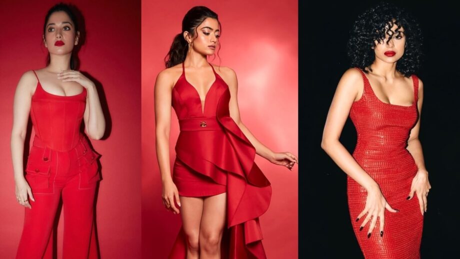 Alert: Piping Hotness In Blood Red Drapes; Actresses Tamannaah Bhatia, Sobhita Dhulipala, And Rashmika Mandanna 731562