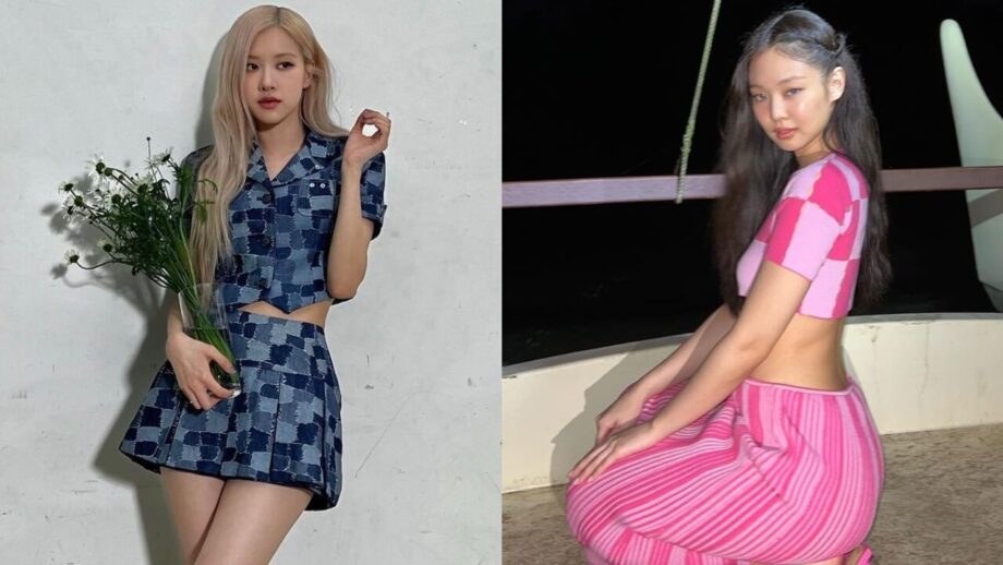 Blackpink Rose In Blue Checkered Cropped Jacket Top And Mini Skirt Or Jennie In Pink Checkered Crop Top And Pencil Skirt; Which Outfit Is More Attractive? 736084