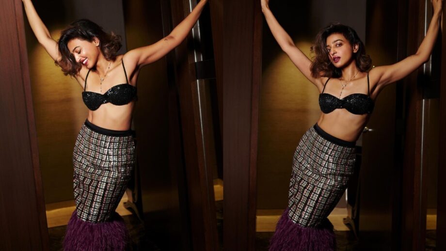 Radhika Apte Oozing Hotness In Black Stone Embedded Bralette Paired With Shimmery Checkered Skirt With Feathery Edge