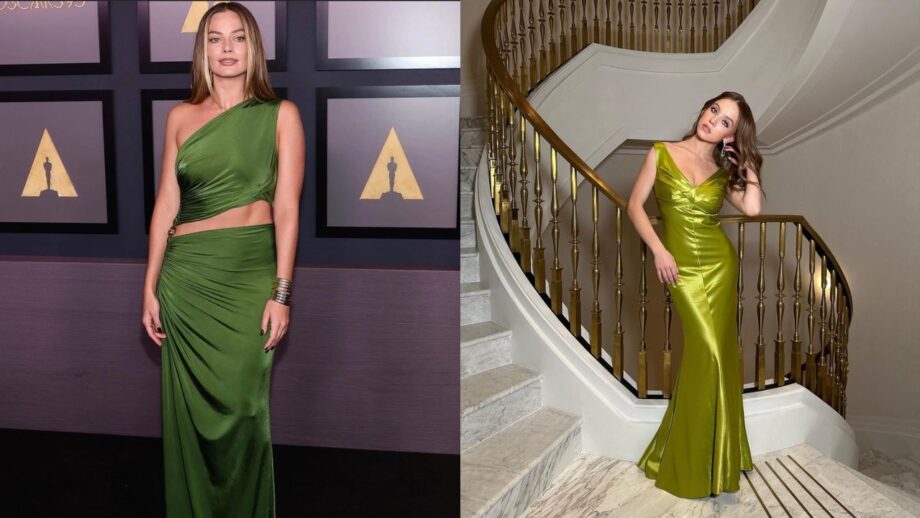 Sydney Sweeney In Satin Silk Lime Green Or Margot Robbie In Silk Forest Green; Whose Green Ensemble Is Attractive? 734777
