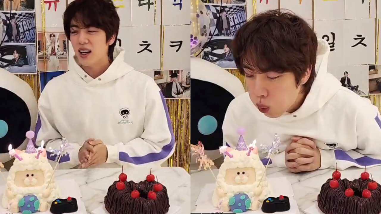 BTS Jin Celebrates His Birthday Cutting A Cake During Live With Fans, Jimin Surprises Him With A Gift