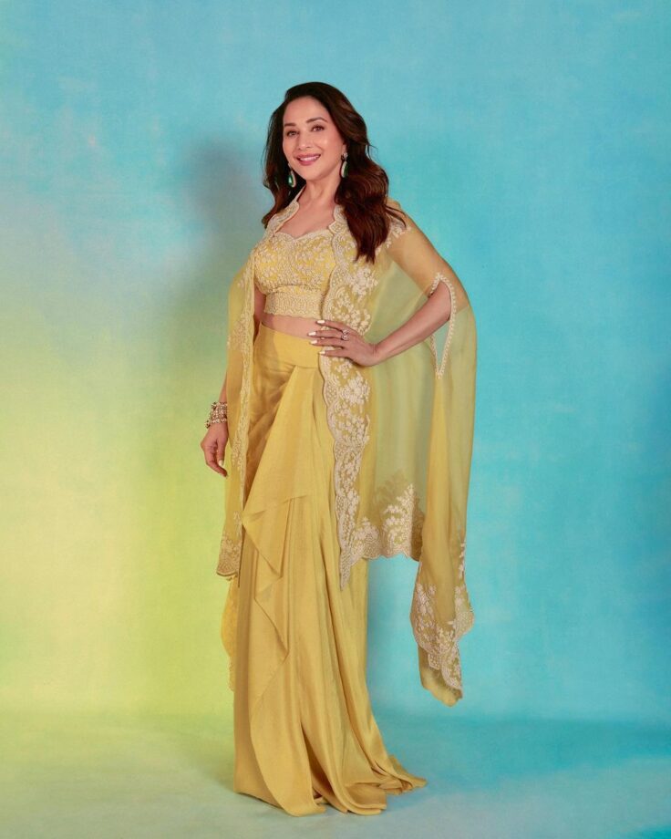 In Pics: Madhuri Dixit Looks Captivating In Yellow Chikankari Work Georgette Skirt Suit set 756520