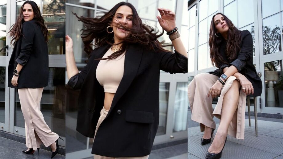 Neha Dhupia Shows Off Her Edgy Style In All-Beige With Black Coat Outfit, See Pics 764885