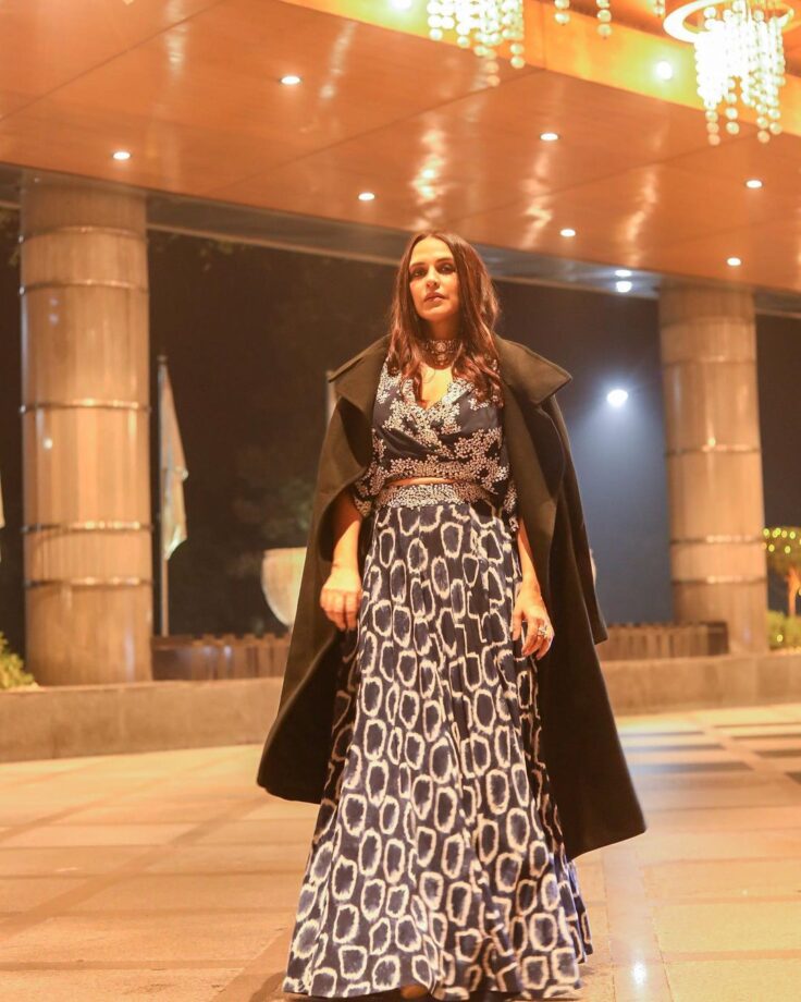 Neha Dhupia's Fashion Cues To Keep It Hot This Winter In Kaftan Top and Circular Pant Set 762240