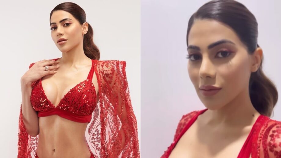 Nikki Tamboli's burning hot curvaceous midriff display in red deep-neck outfit is wow 756083
