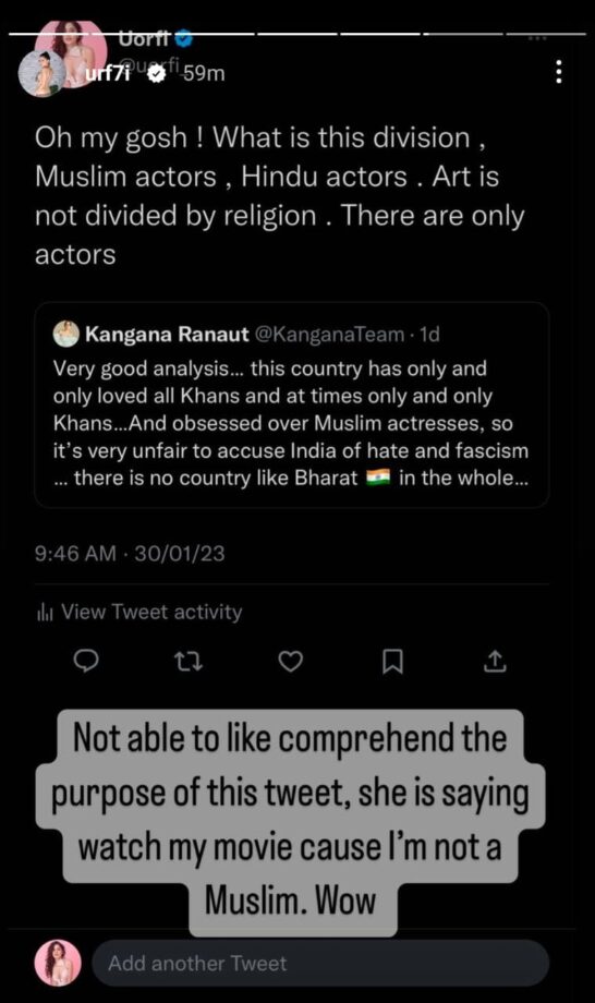 Urfi Javed slams Kangana Ranaut over her ‘country loves Khans’ tweet 764287