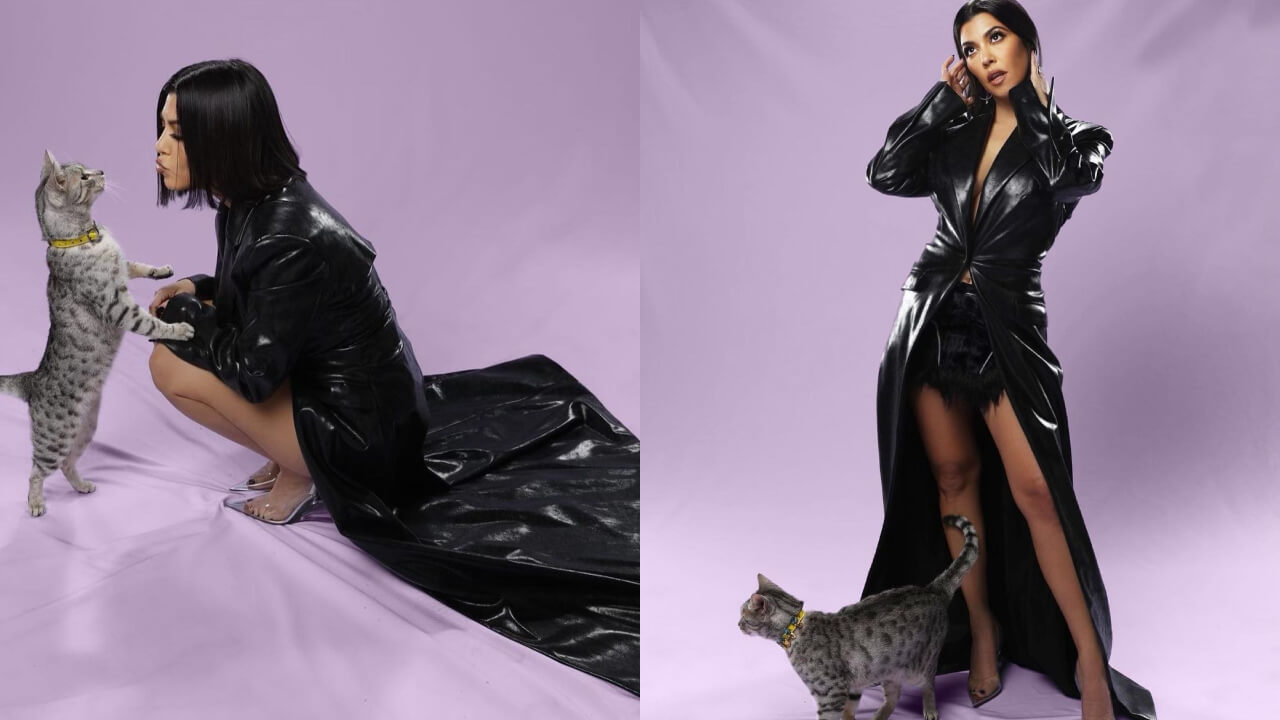 Kourtney Kardashian Flashes Her Toned Legs In Black Leather Long Trench Coat 770162