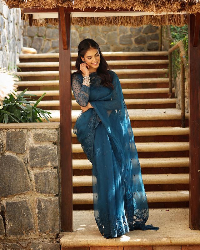 Malavika Mohanan Exudes Elegance In A Dark Blue Organza Floral Embroidered Saree, See Pics 775745