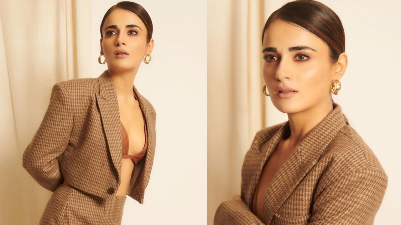 Radhika Madan Creates Oomph Look In All-Brown Bralette With Coat And High Slit Skirt 765533