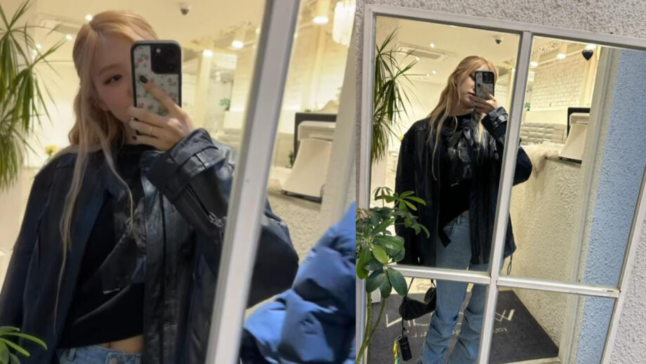 Blackpink Rosé Shows Her Mirror Selfie Game In A Black Jacket And Blue Jeans 787464