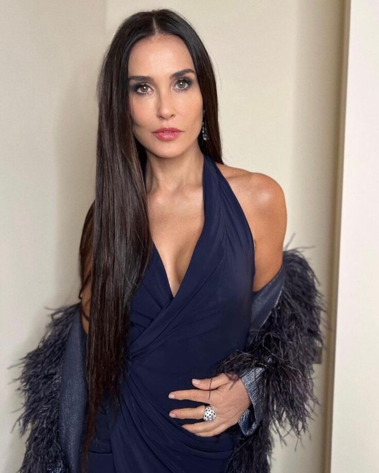 Demi Moore Pairs Classic Blue Halter-Neck Gown With Feather Jacket 785335