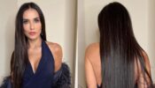 Demi Moore Pairs Classic Blue Halter-Neck Gown With Feather Jacket 785337