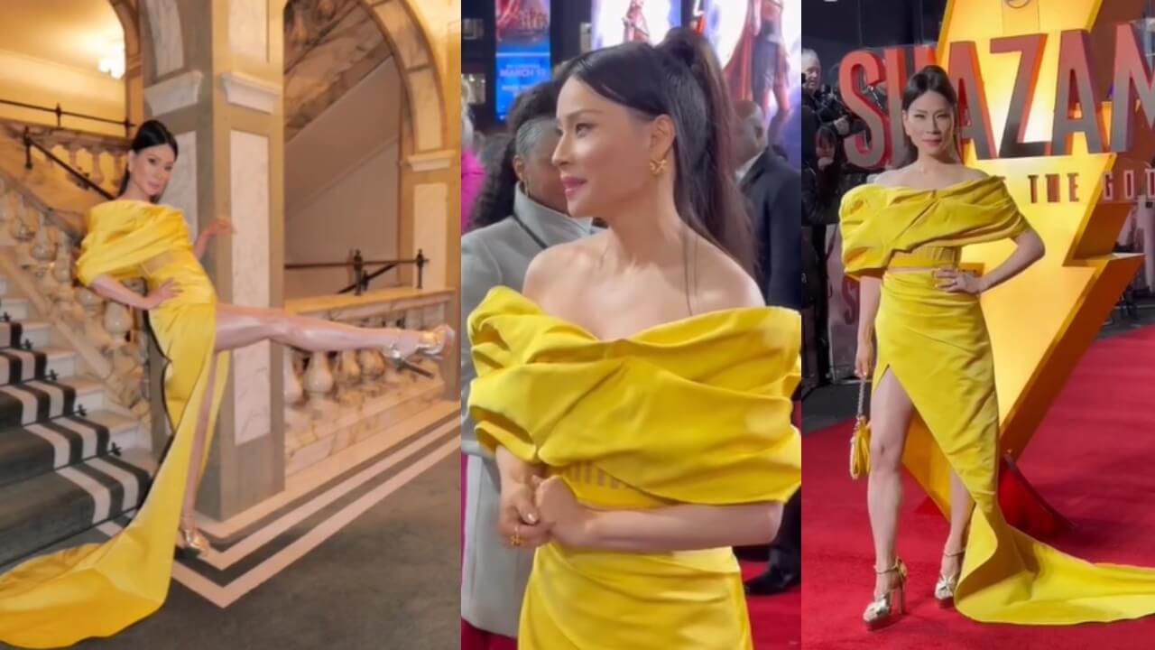 Gorgeous: Lucy Liu decks up in statement yellow high-thigh slit gown, watch 782517