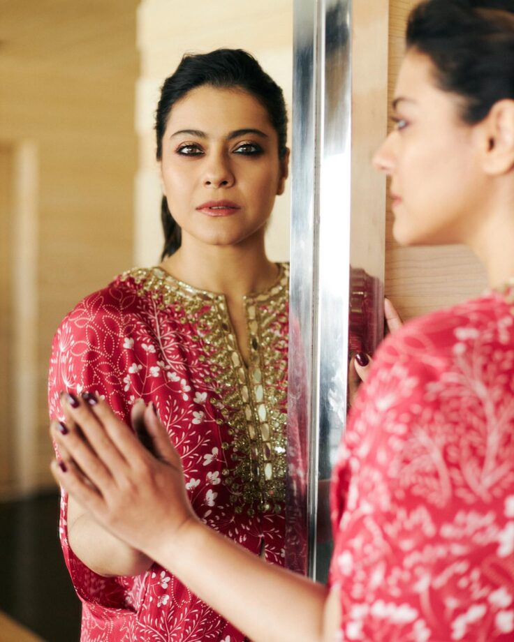 Kajol Burns The Internet In A Red Georgette Floral Printed Cape And Pants 783675