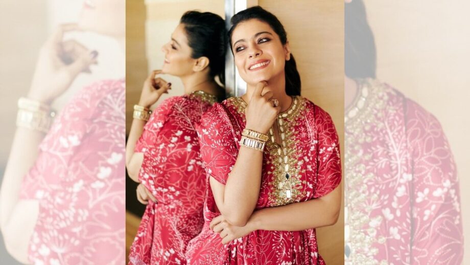 Kajol Burns The Internet In A Red Georgette Floral Printed Cape And Pants 783676