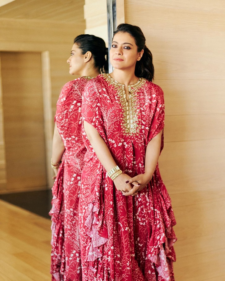 Kajol Burns The Internet In A Red Georgette Floral Printed Cape And Pants 783673