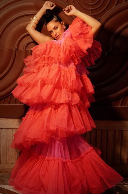 Neha Dhupia Looks The Perfect Baby Doll In This Orange Ruffle Dress; Check Here 780362