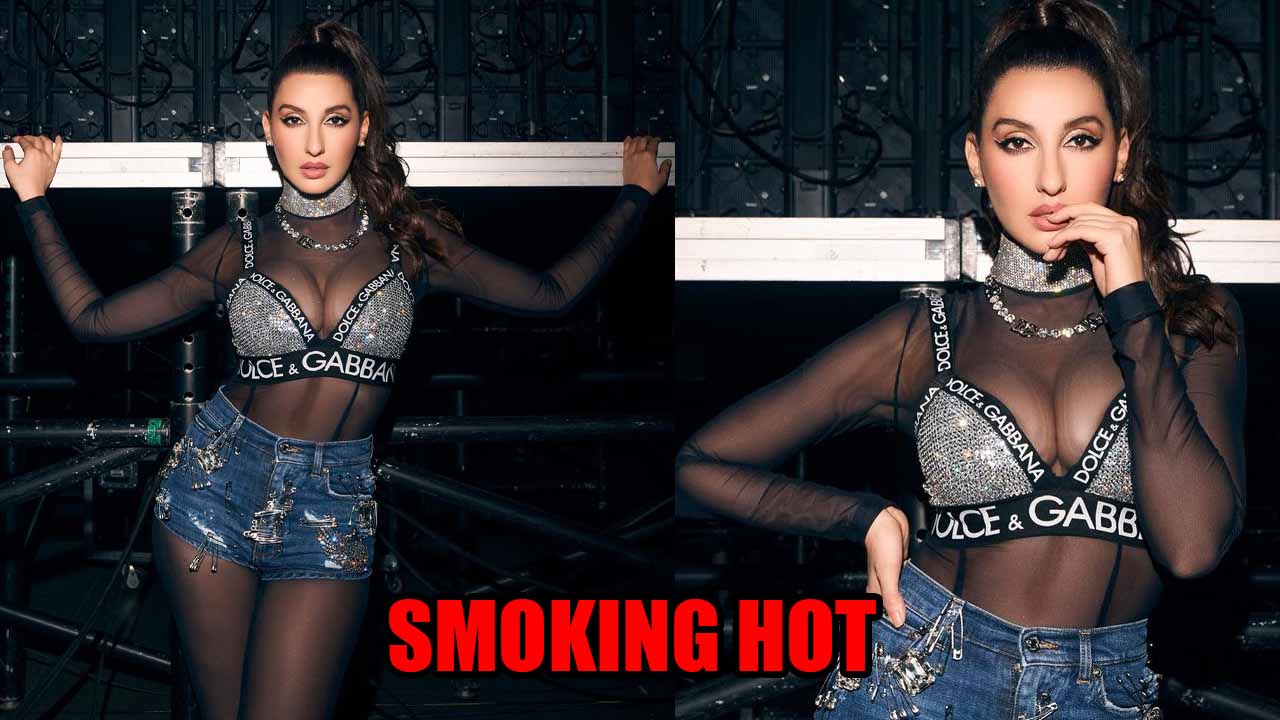 Nora Fatehi Looks Smoking Hot In Sequin Bralette And Safety Pin Denim Shorts 783146