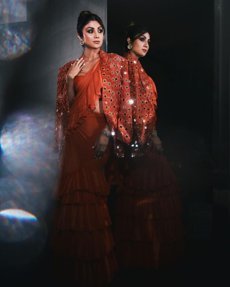 Shilpa Shetty Oozes Oomph In A Orange Frilled Saree With Mirror Work Jacket 787180