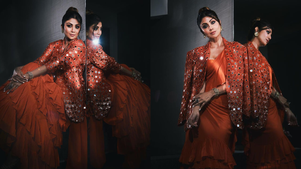 Shilpa Shetty Oozes Oomph In A Orange Frilled Saree With Mirror Work Jacket 787182