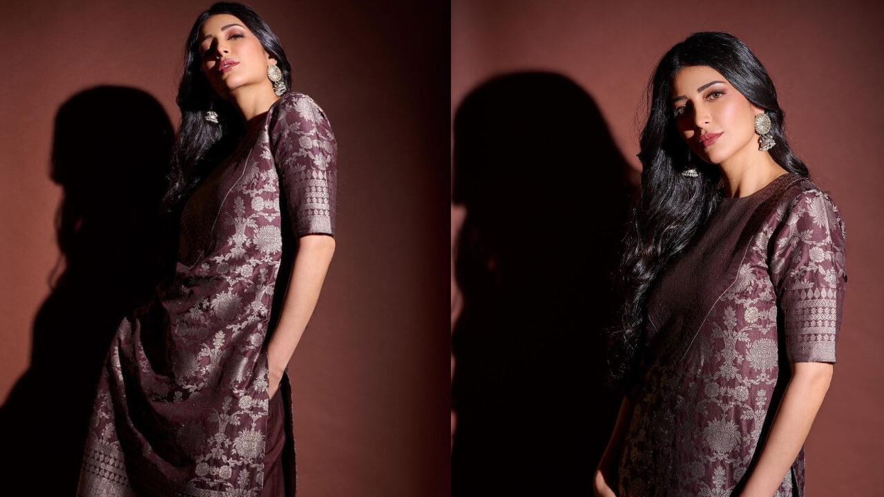 Shruti Haasan Looks Ethereal In A Brown And Silver Floral Printed Kurta Set 780295