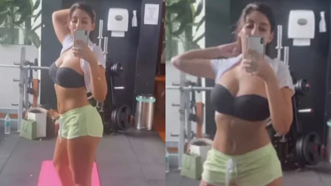 Nora Fatehi, green shorts and strapless bralette, perfect gym swag 797758