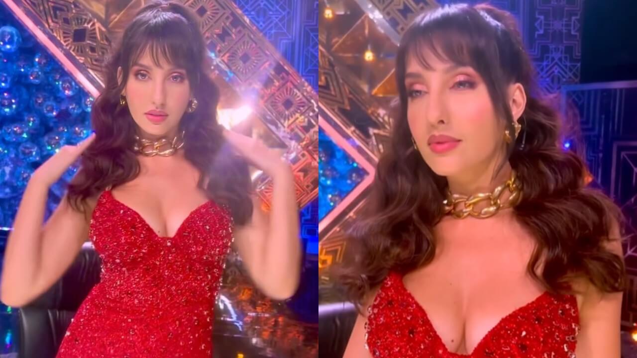 Nora Fatehi pens a glitzy story in deep neck red bodycon 802828